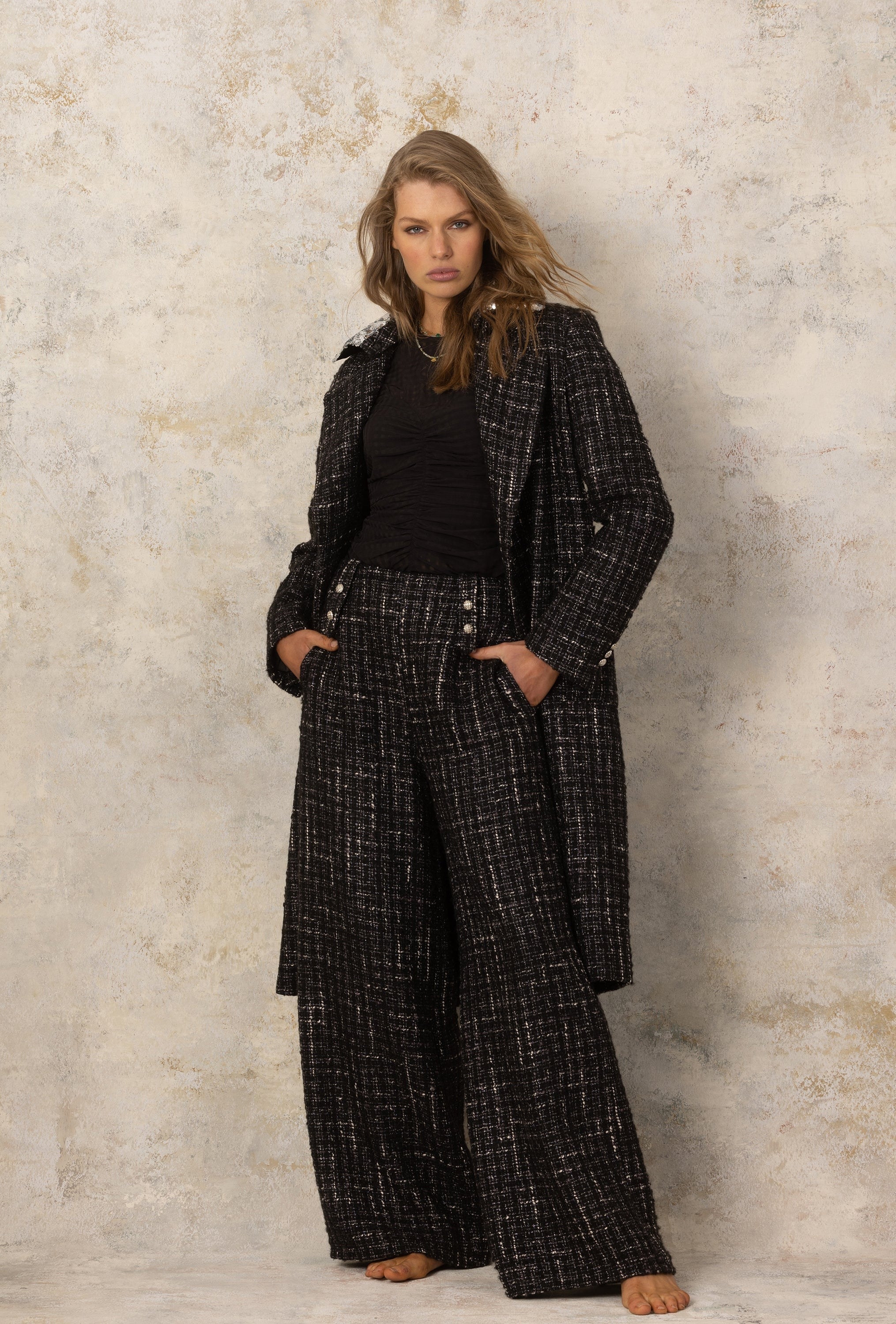 black silver sequin tweed coat