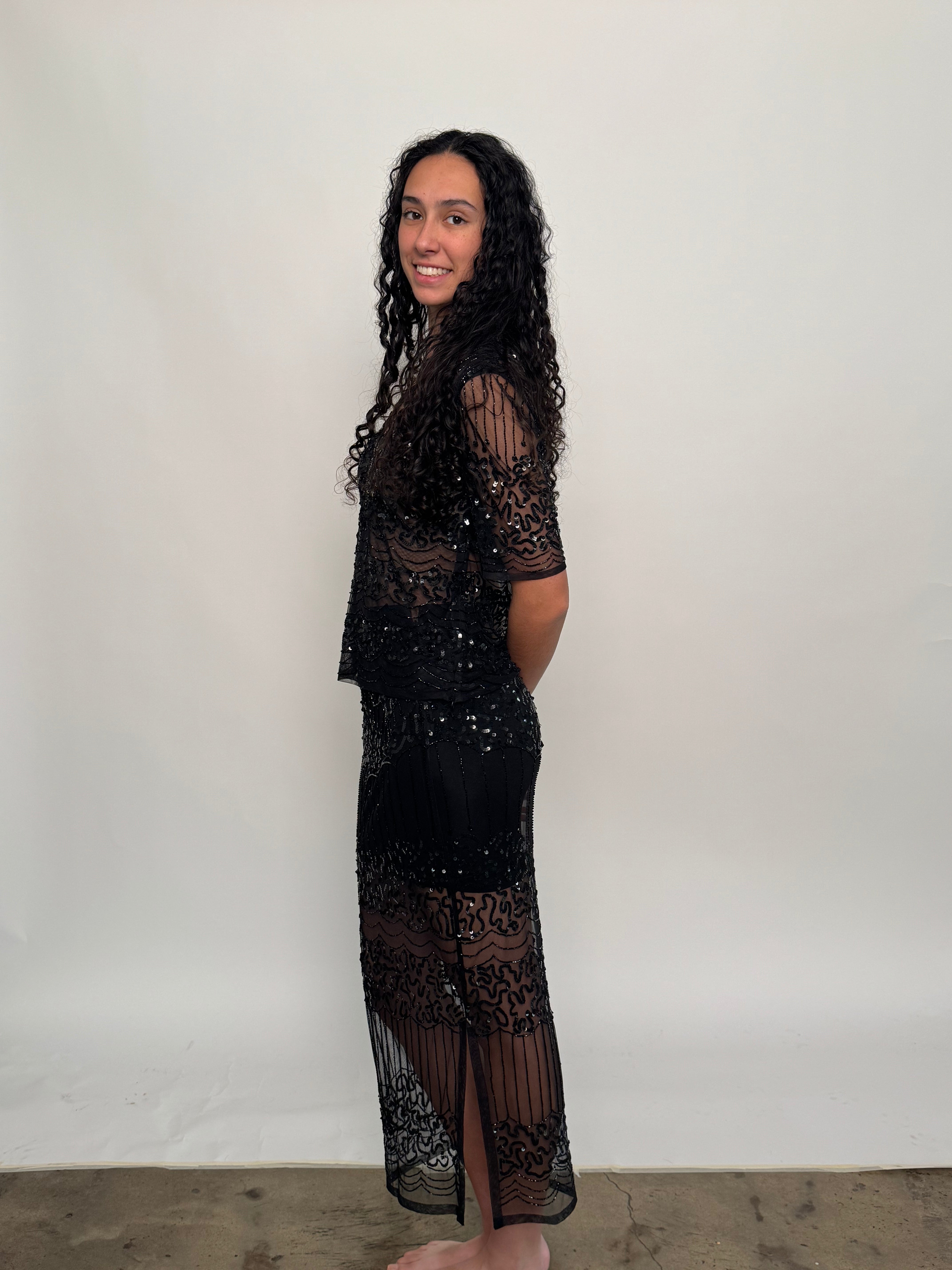 SAMPLE | HAND SEQUINED ART DECO SKIRT, BLACK - SIZE 8 *FINAL SALE