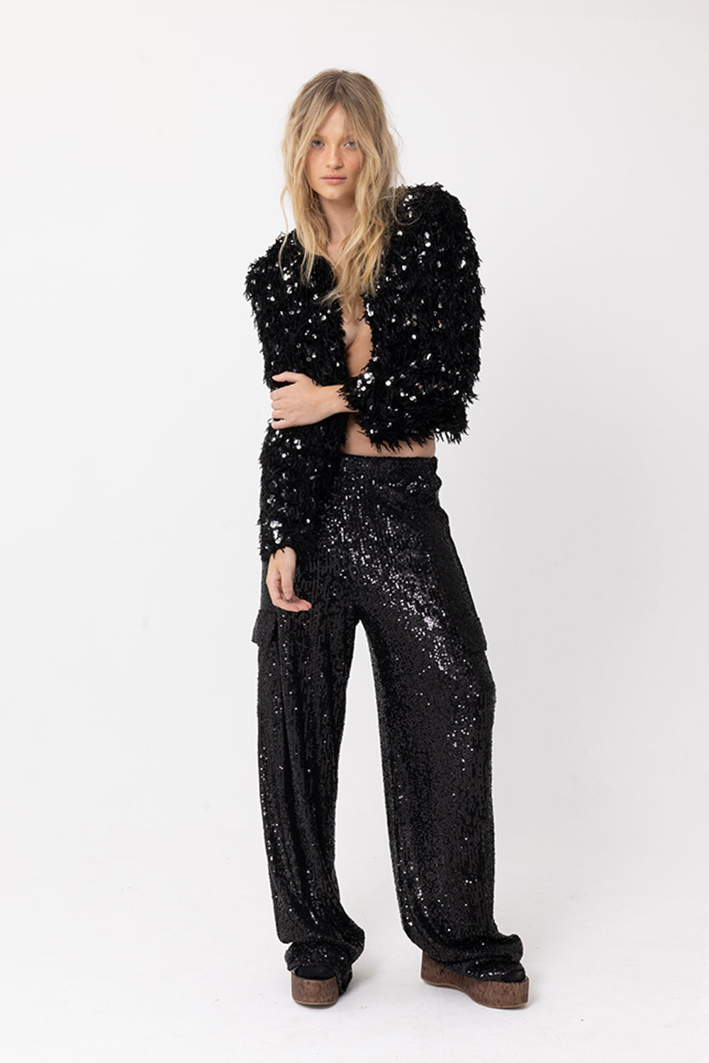 Joey shaggy Splendour Jacket in Black with Silver Sequins, front view