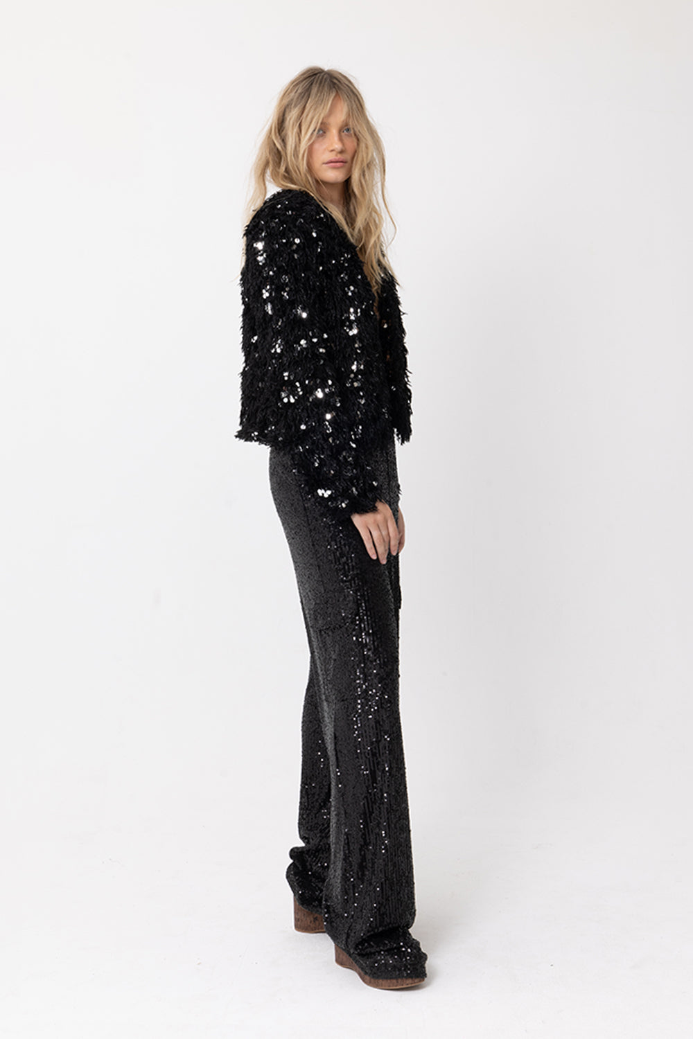 Joey shaggy Splendour Jacket in Black with Silver Sequins, side view
