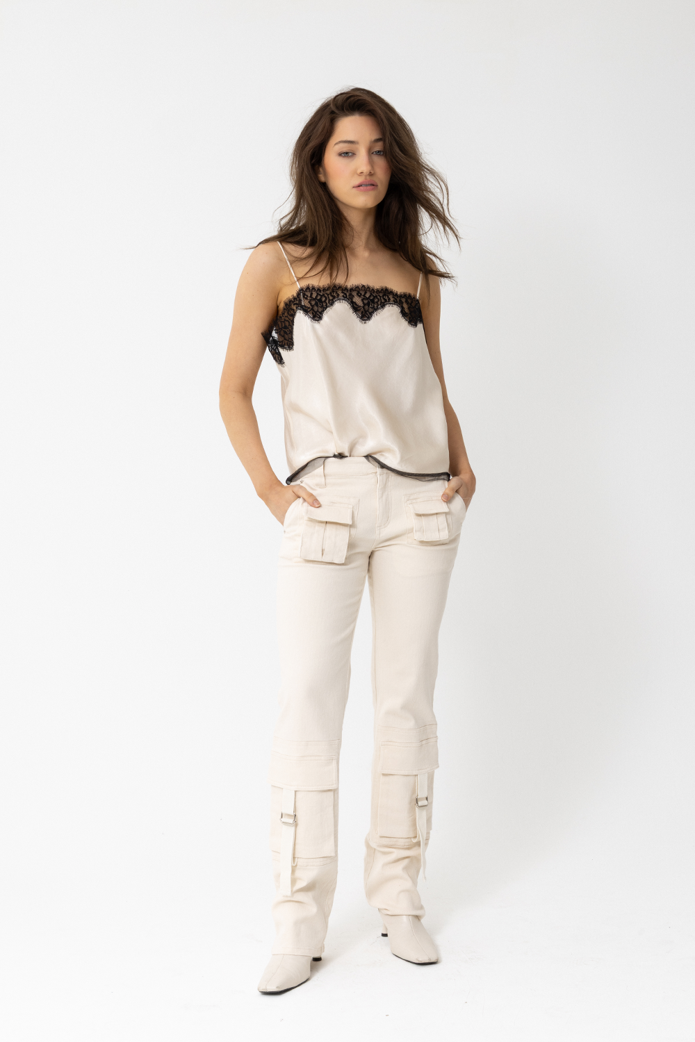 5th Ave Cami, Silky Camisole, Ivory with Black Lace Trim - JOEY the Label