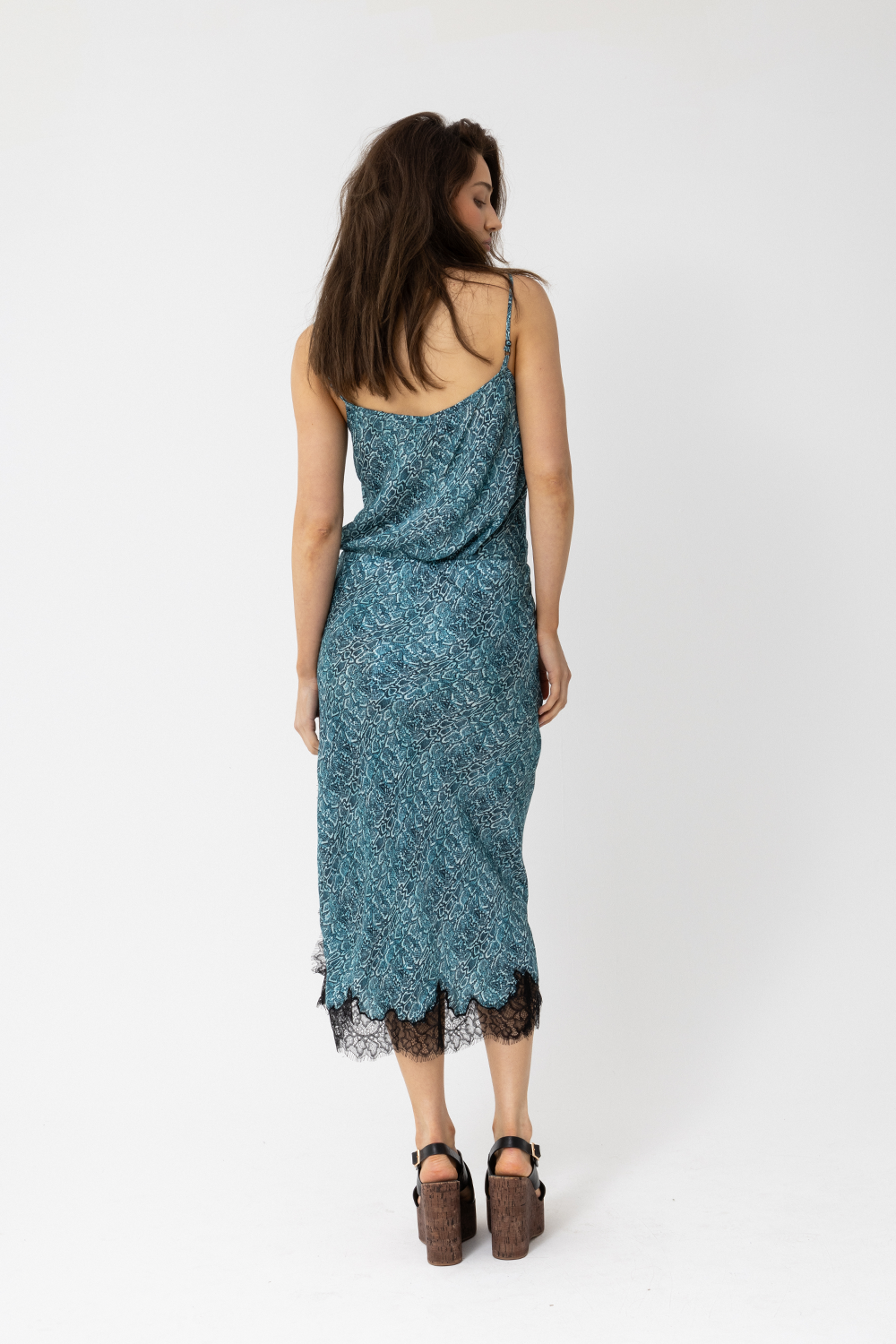 Snake Print Aqua Camisole featuring adjustable straps and black tulle trim along the hemline. - Joey The Label