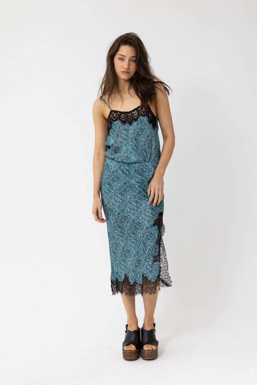 Snake Print Aqua Camisole featuring adjustable straps and black tulle trim along the hemline. - Joey The Label