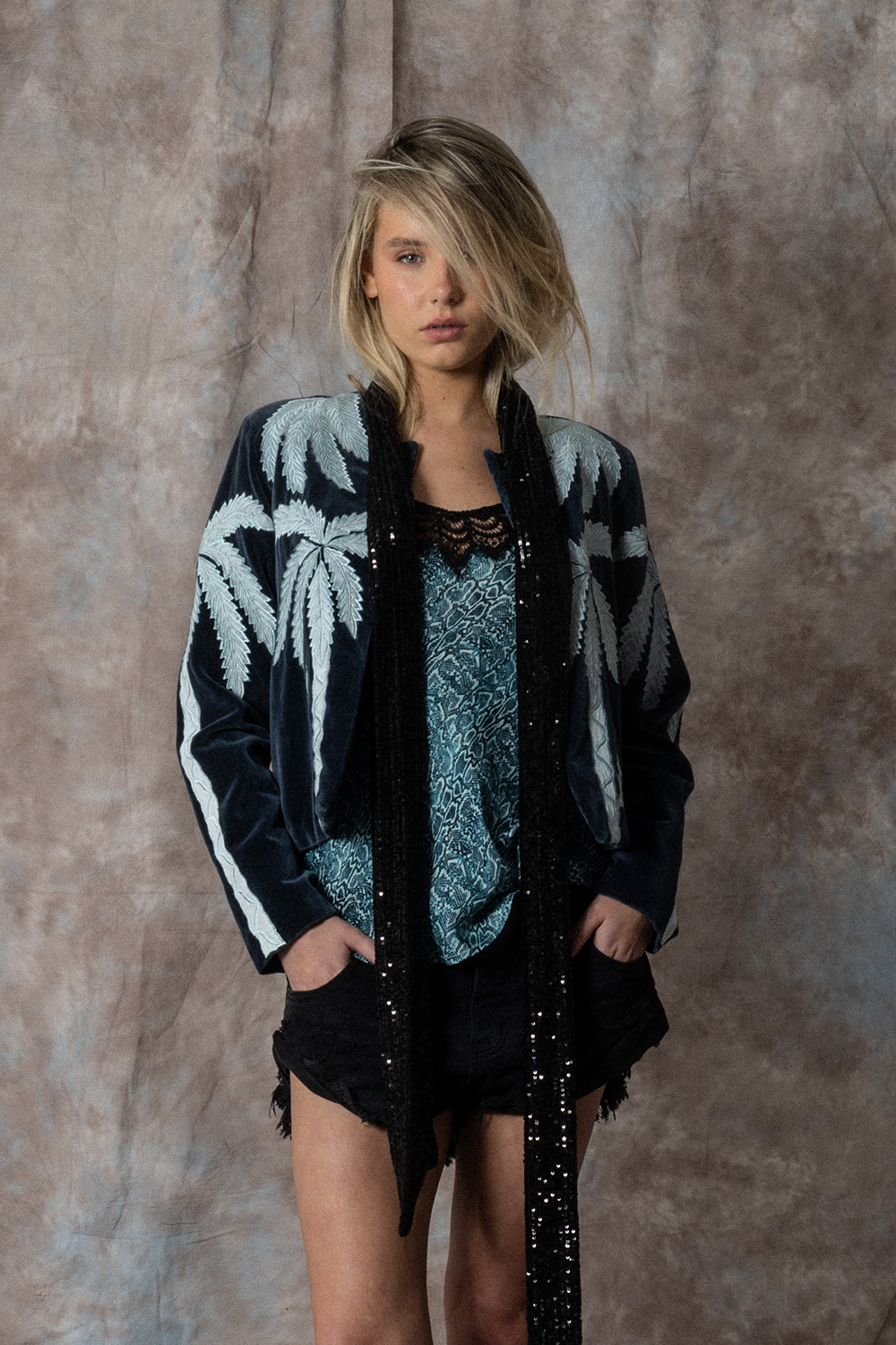 Snake Print Aqua Camisole featuring adjustable straps and black tulle trim along the hemline. - Joey The Label