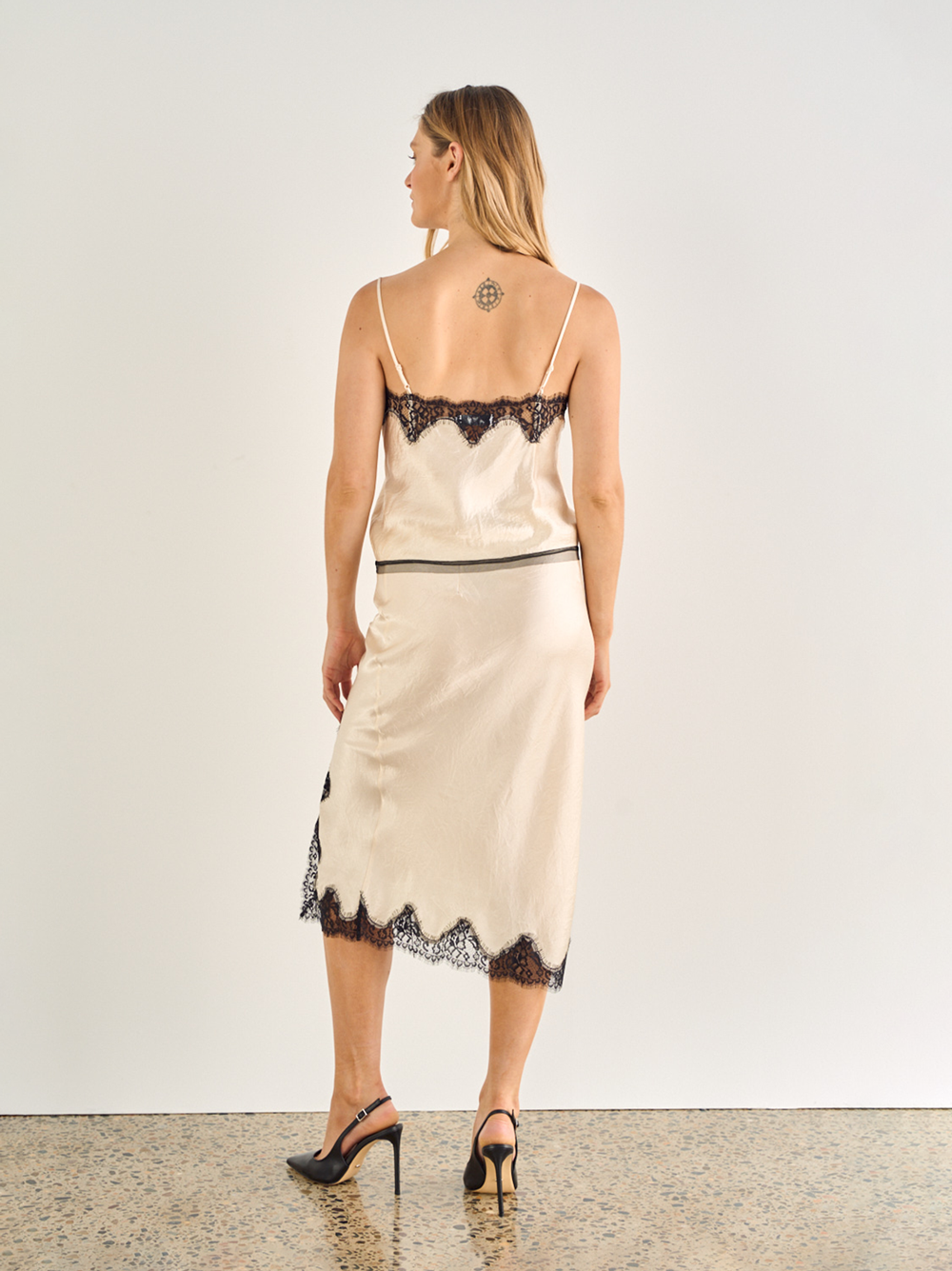 5th Ave Skirt, Silky Slip Midi, Ivory with Black Lace Trim - JOEY the Label