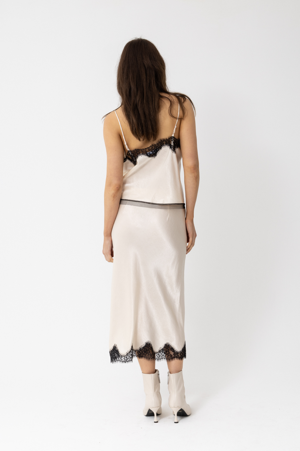 5th Ave Skirt, Silky Slip Midi, Ivory with Black Lace Trim - JOEY the Label