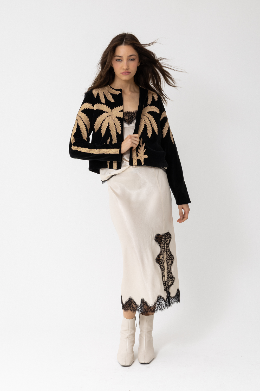 5th Ave Skirt, Silky Slip Midi, Ivory with Black Lace Trim - JOEY the Label