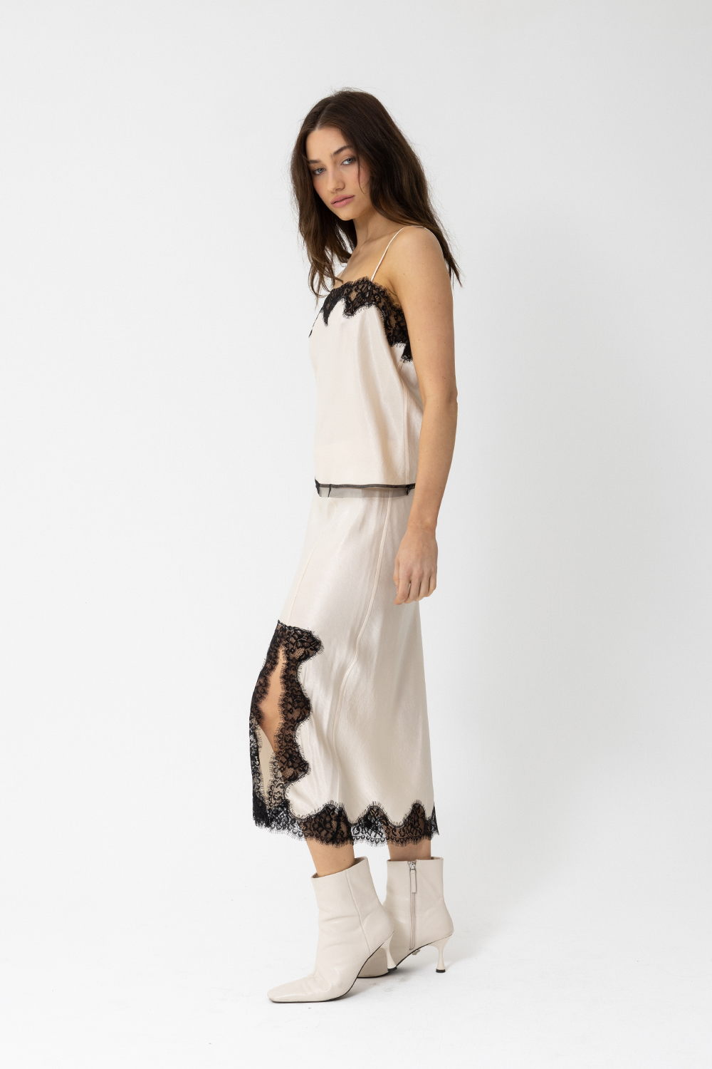 5th Ave Skirt, Silky Slip Midi, Ivory with Black Lace Trim - JOEY the Label