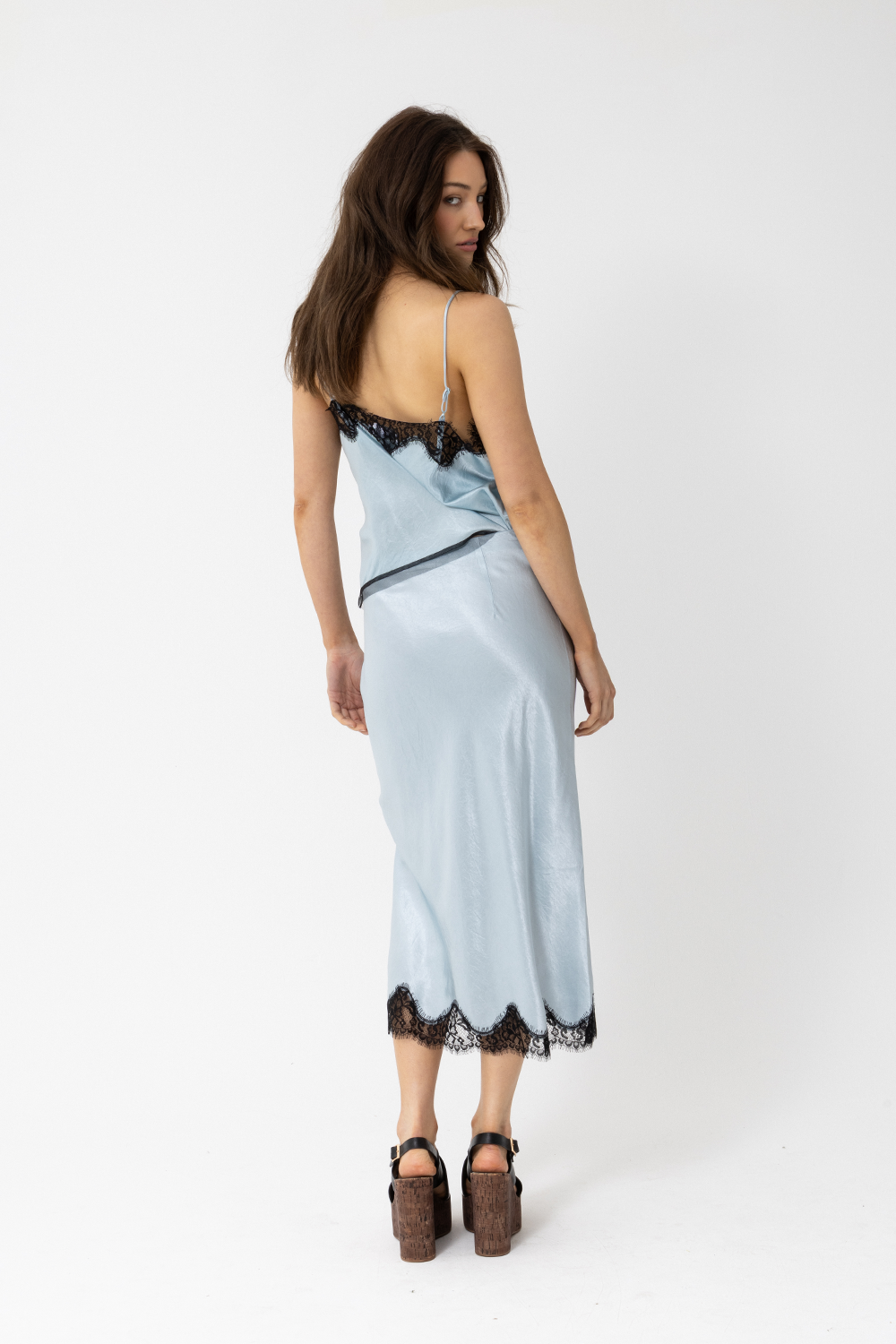 5th Ave Skirt, Silky Slip Midi, Sky Pastel Blue with Black Lace Trim - JOEY the Label