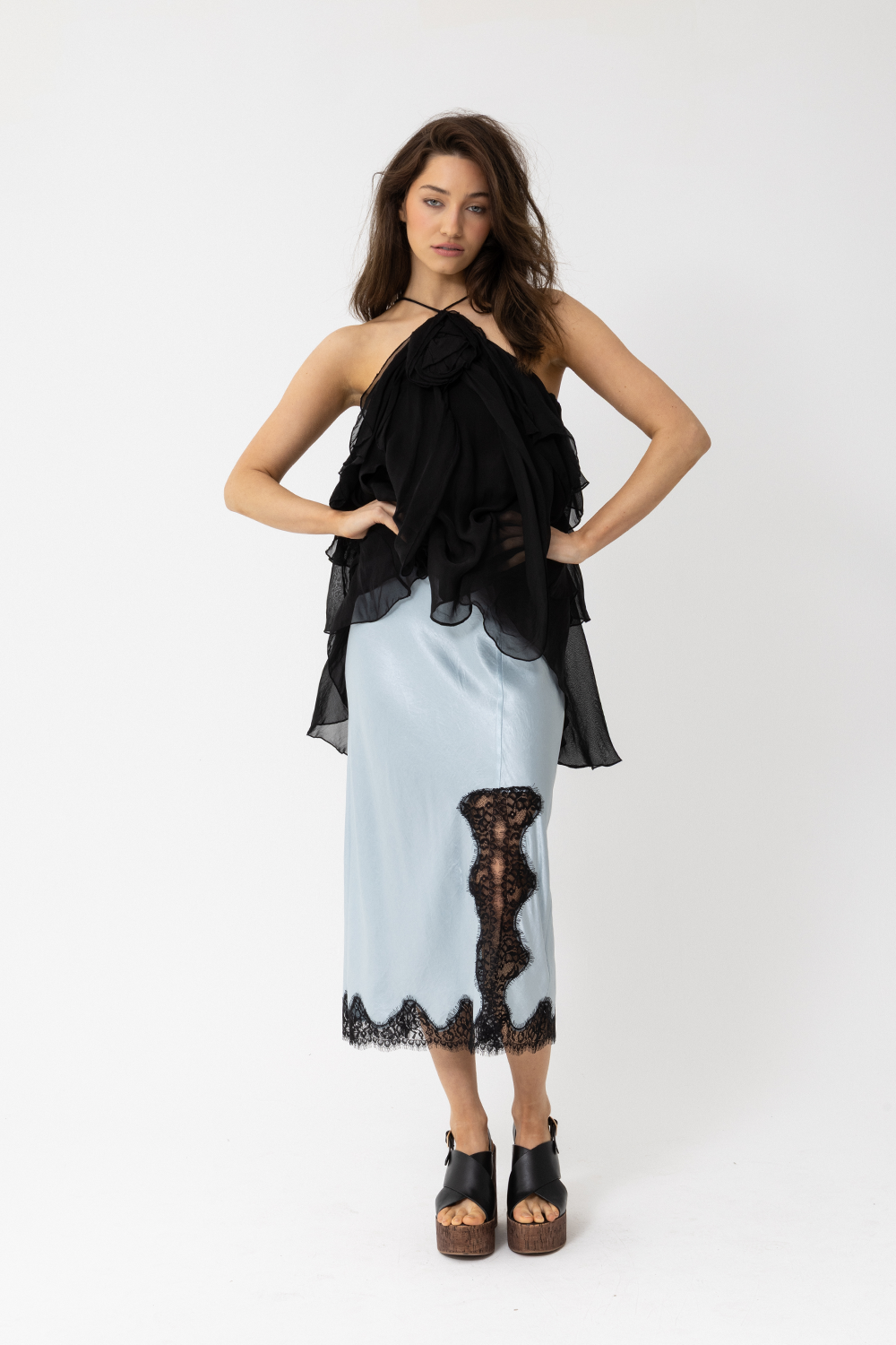 5th Ave Skirt, Silky Slip Midi, Sky Pastel Blue with Black Lace Trim - JOEY the Label