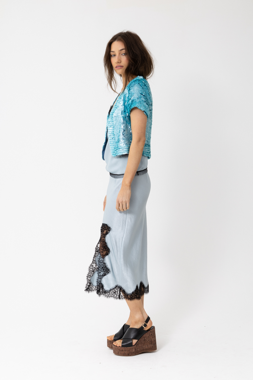 5th Ave Skirt, Silky Slip Midi, Sky Pastel Blue with Black Lace Trim - JOEY the Label