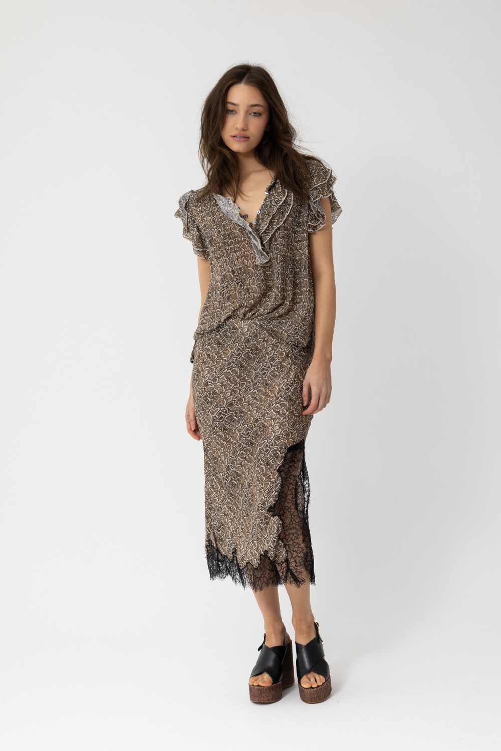 5th Ave Lace Midi Slip Skirt, Brown Toffee Snake Print - JOEY the Label