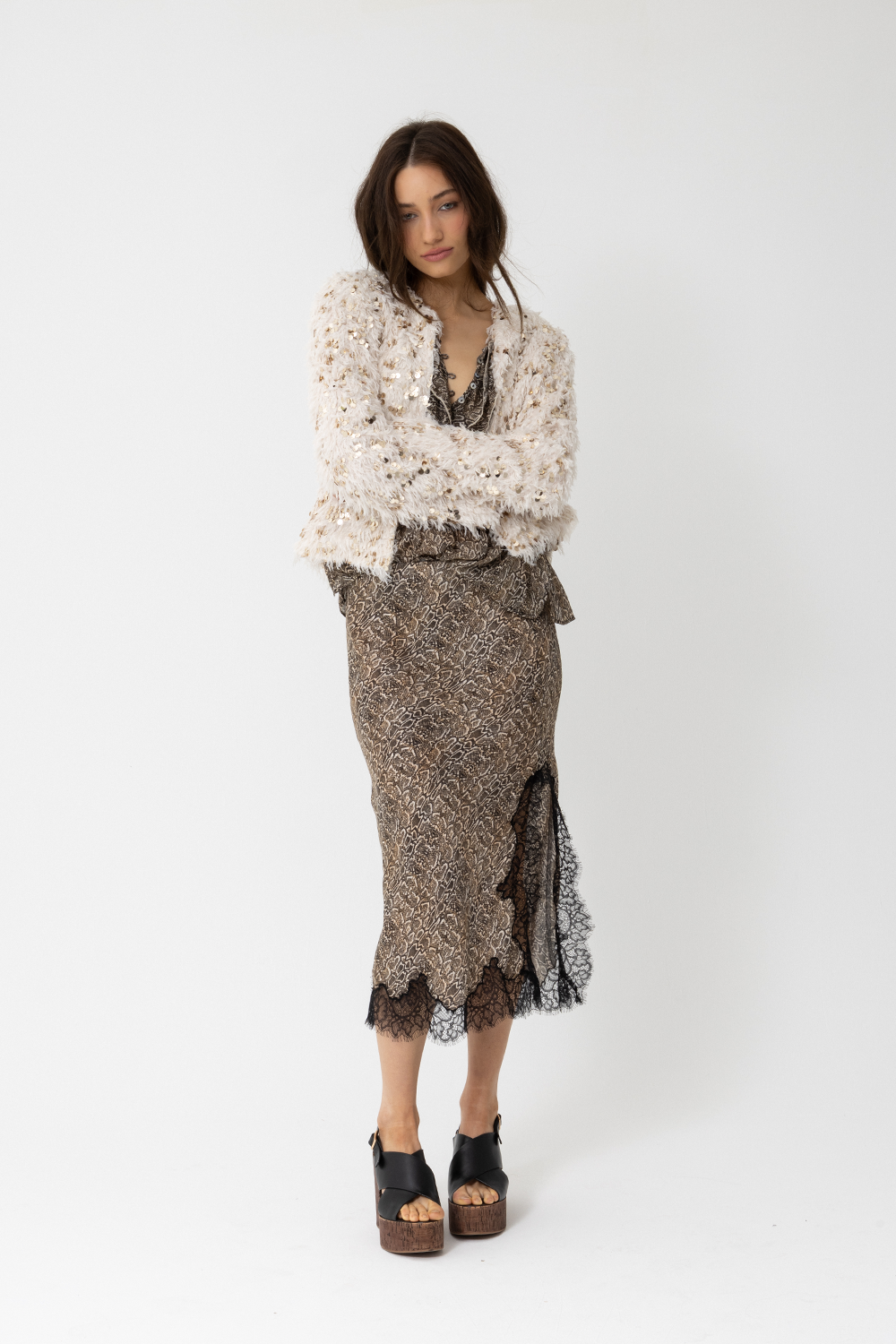 5th Ave Lace Midi Slip Skirt, Brown Toffee Snake Print - JOEY the Label