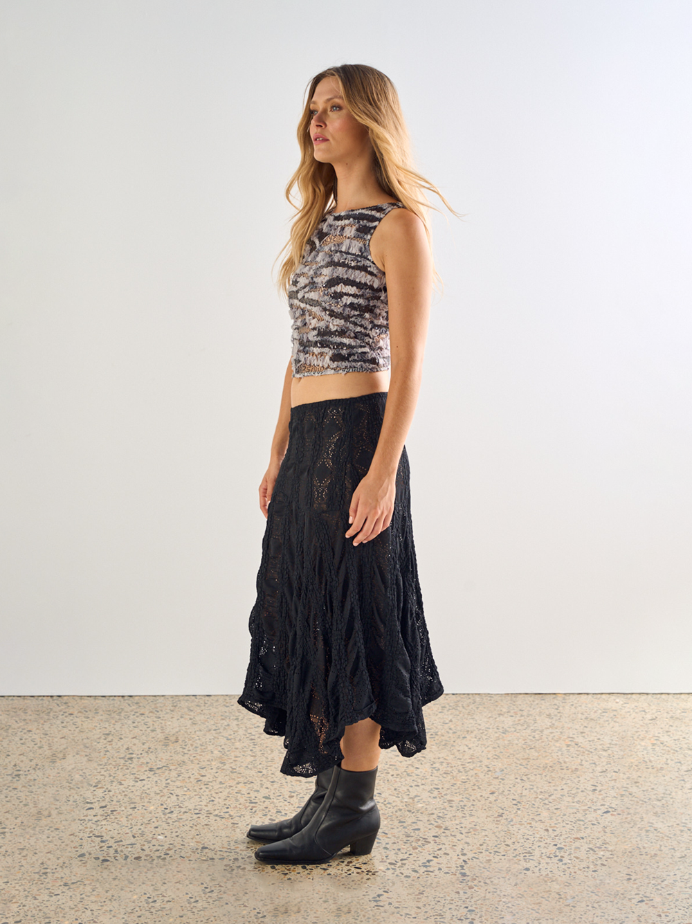 Ibiza Lace Skirt, Black, Stretch A-Line Midi - JOEY the Label