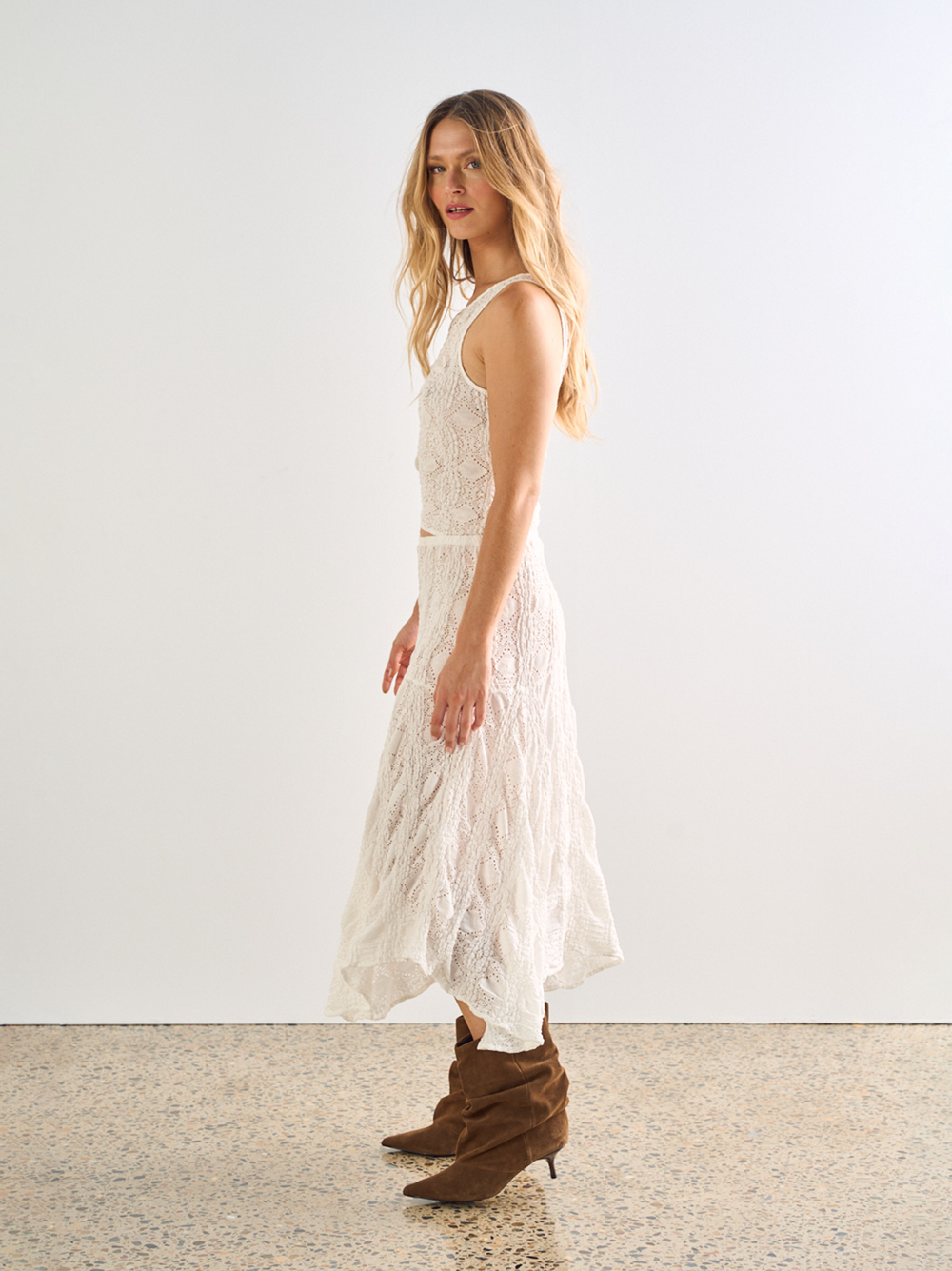 Ibiza Lace Skirt, White, Stretch A-Line Midi - JOEY the Label