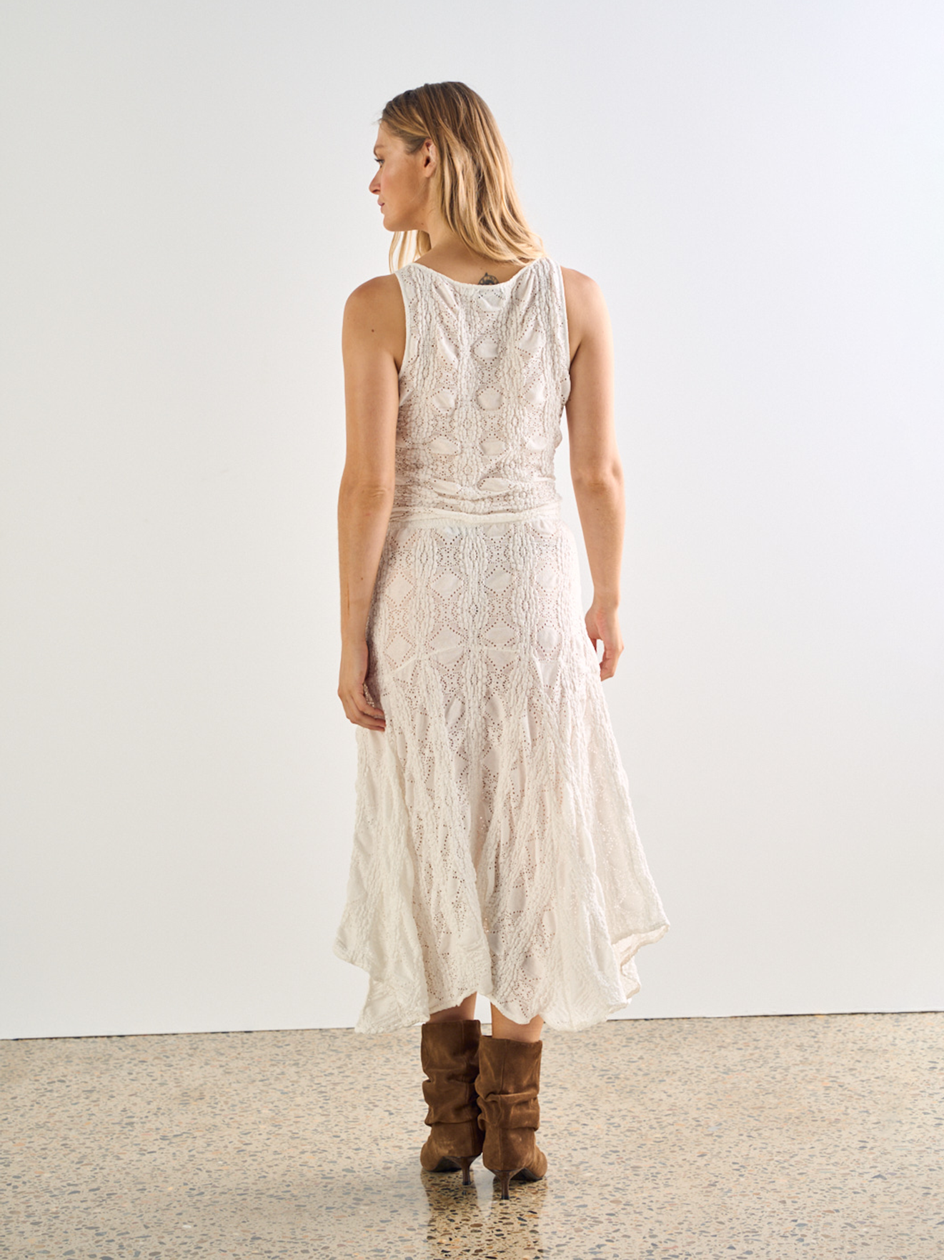 Ibiza Lace Skirt, White, Stretch A-Line Midi - JOEY the Label