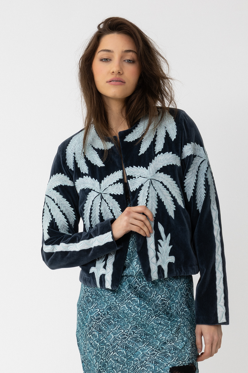 Lightweight cotton velvet jacket with art deco palm trees -Joey The Label