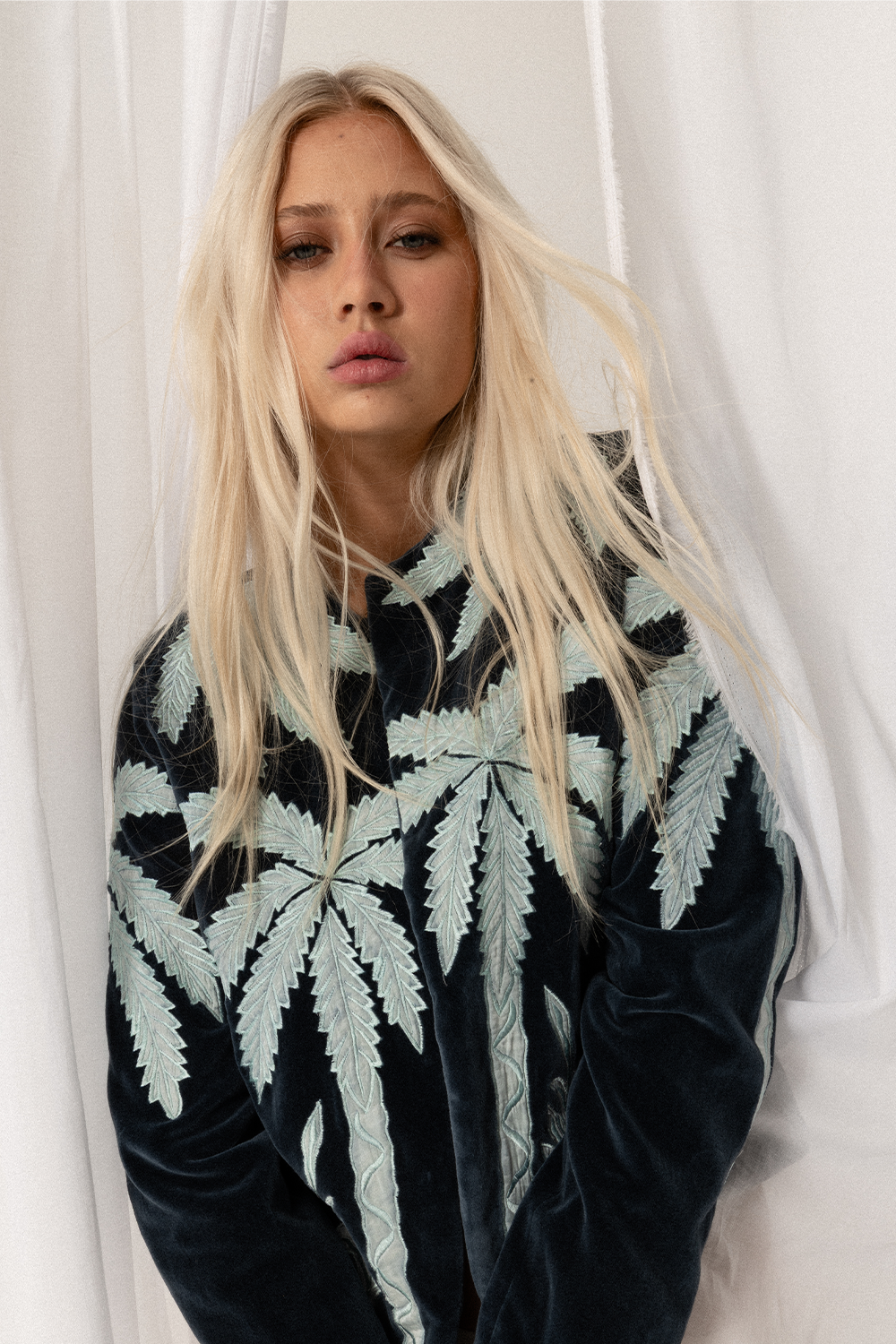 Lightweight cotton velvet jacket with art deco palm trees -Joey The Label