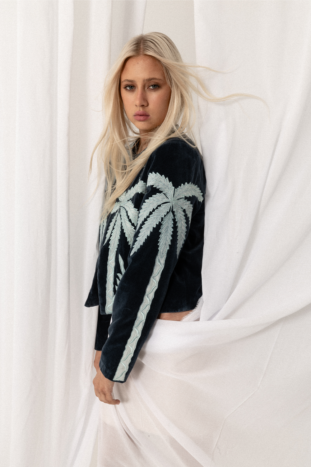 Lightweight cotton velvet jacket with art deco palm trees -Joey The Label