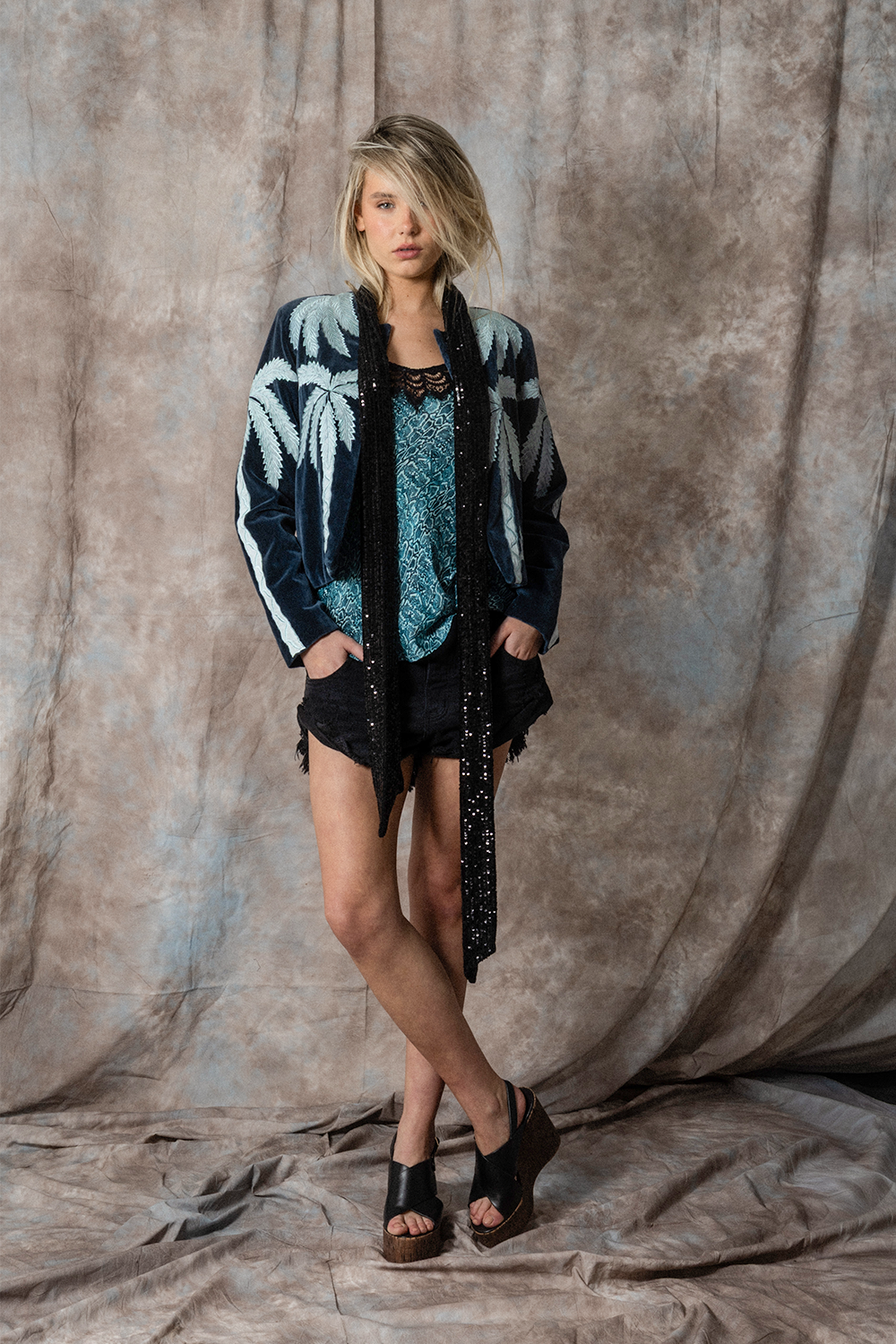 Lightweight cotton velvet jacket with art deco palm trees -Joey The Label