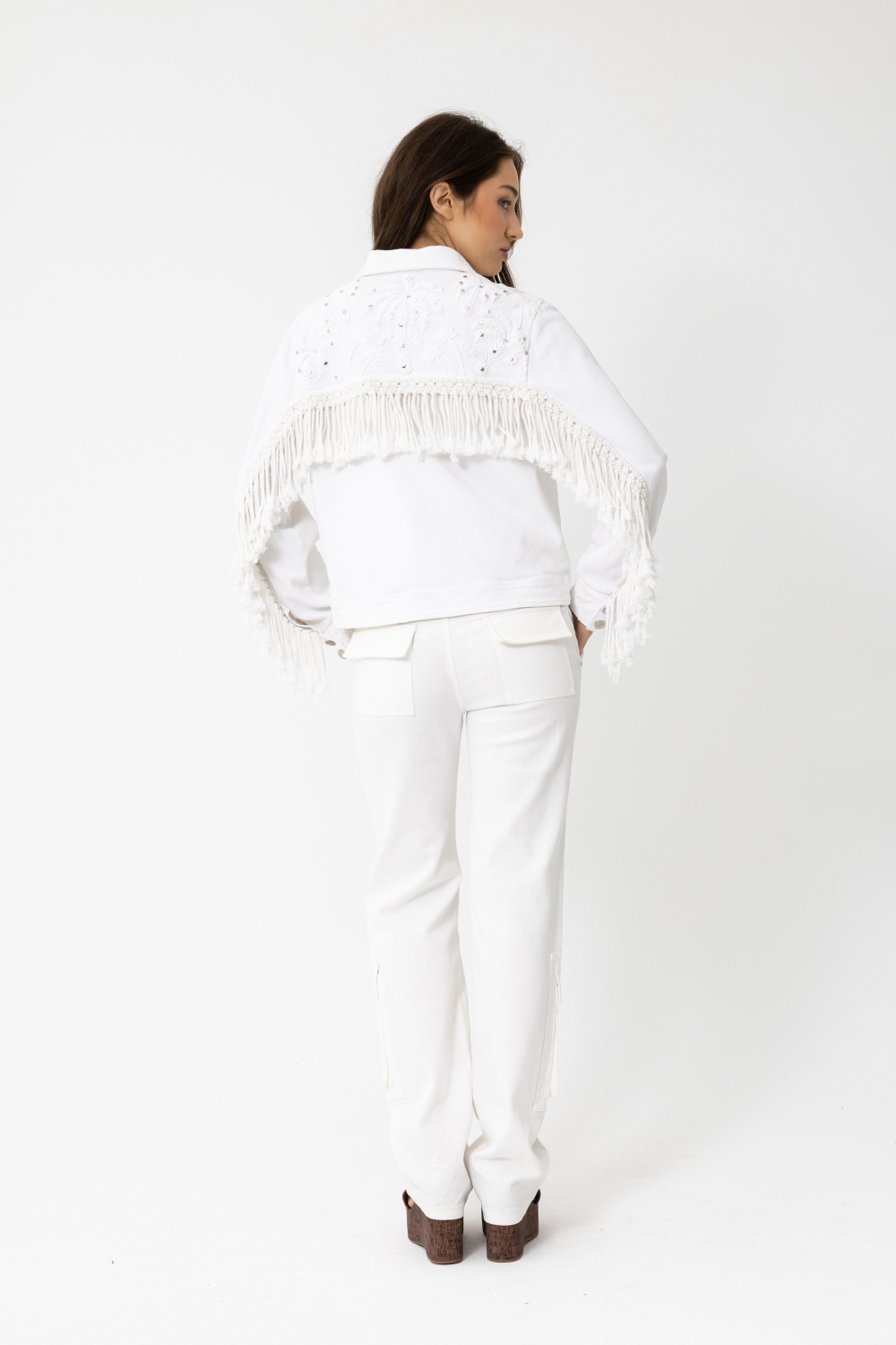 100% Cotton Denim Jacket with Embroidered White Palm Trees, studs, cord fringing and silver hardware - Joey The Label
