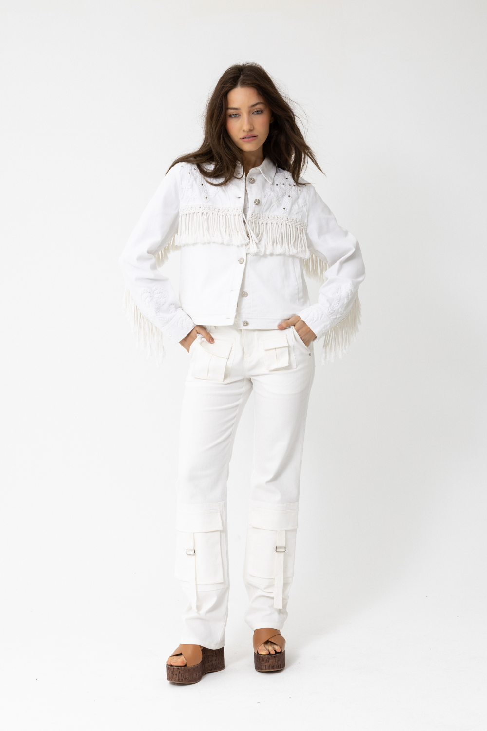 100% Cotton Denim Jacket with Embroidered White Palm Trees, studs, cord fringing and silver hardware - Joey The Label