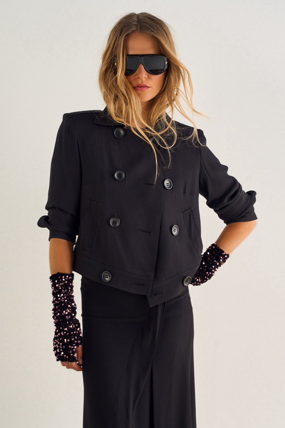 Phoebe Sailor Jacket, Black, Cropped, Double-Breasted Button, Lightweight Trench Coat - JOEY the Label