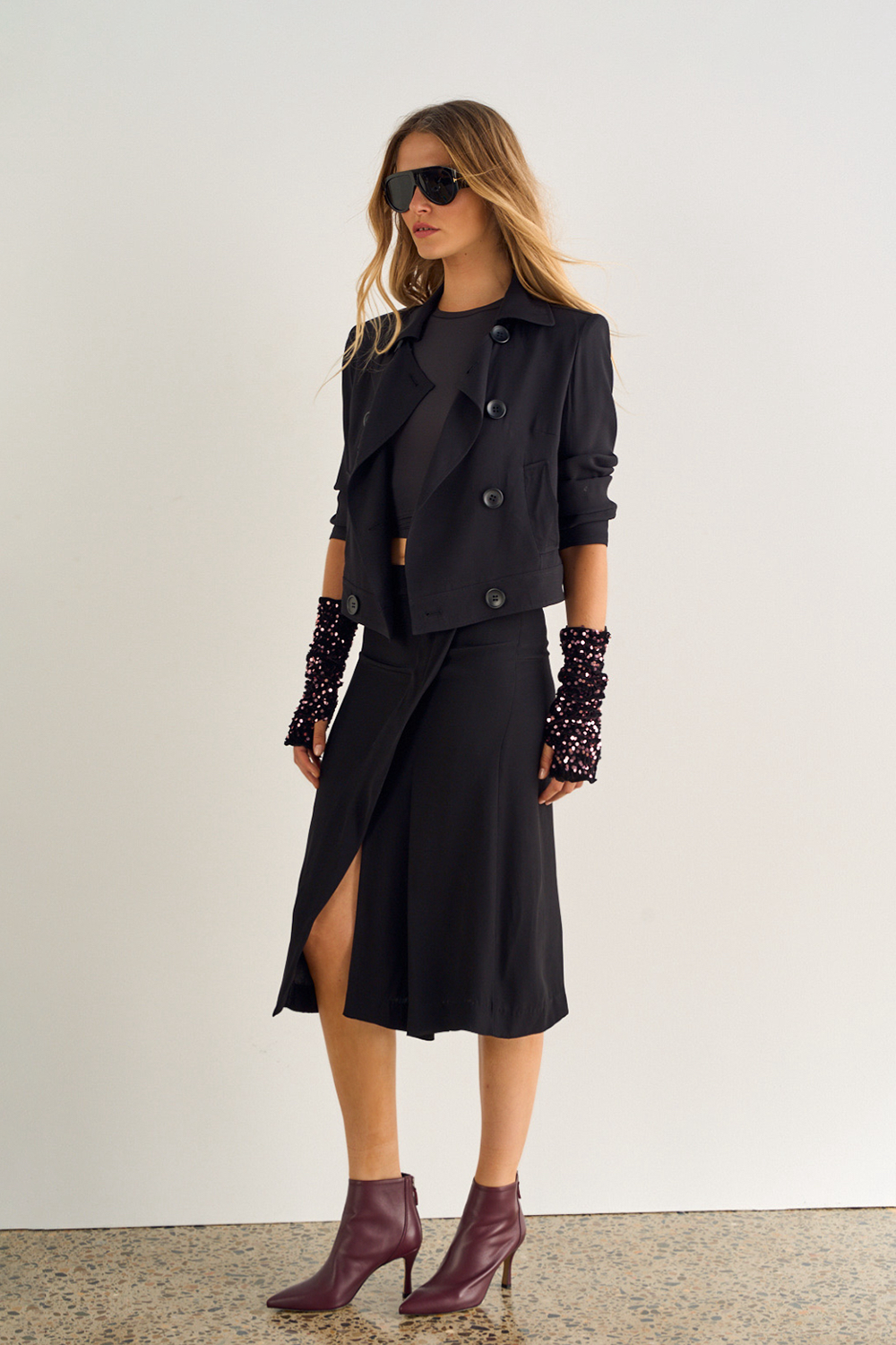 Phoebe Slouch Skirt, Black, Faux Wrap, Tailored Asymmetric Split, Midi Skirt - JOEY the Label