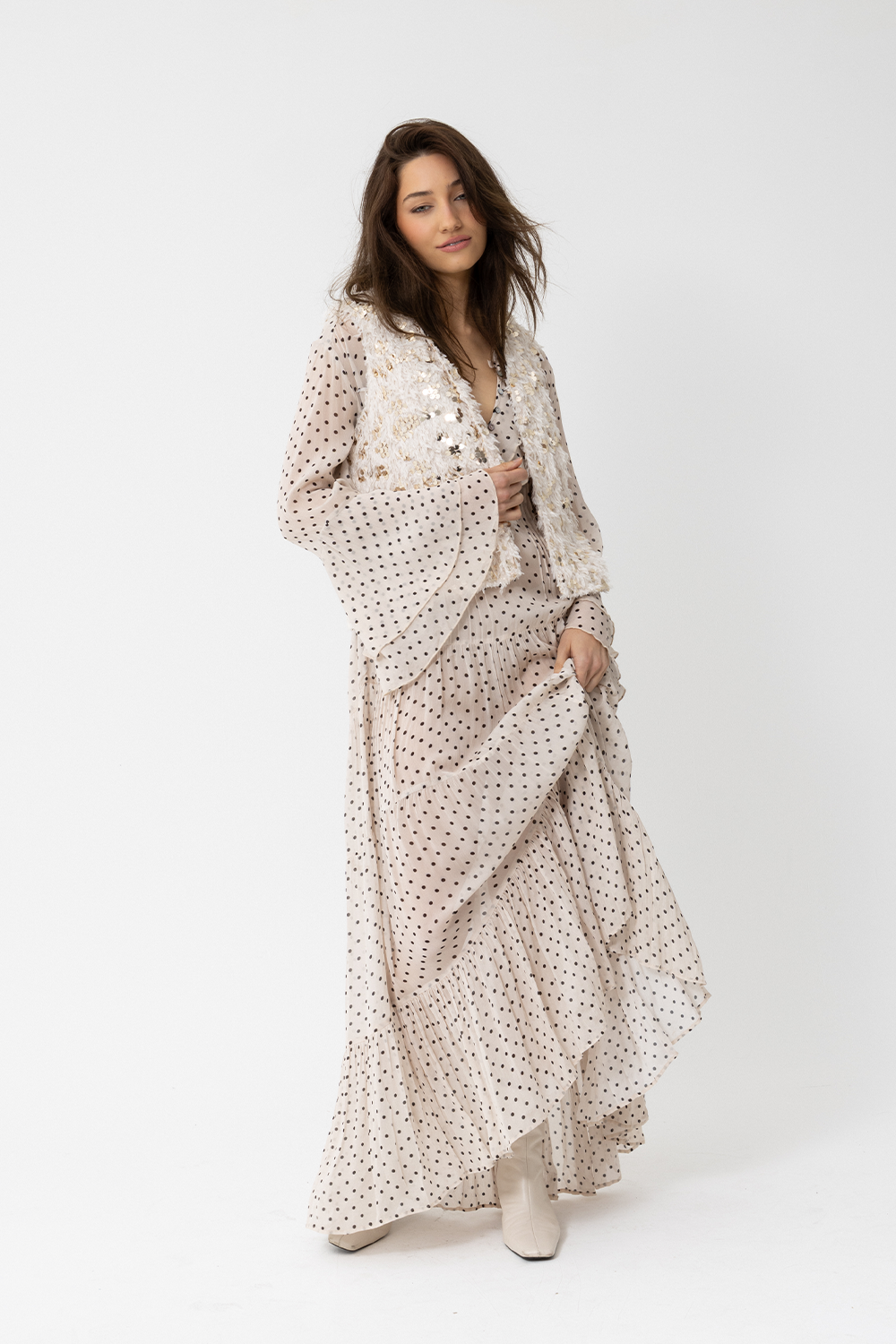 SATC Long Sleeve Maxi Dress, Polka Dot Latte - JOEY the Label
