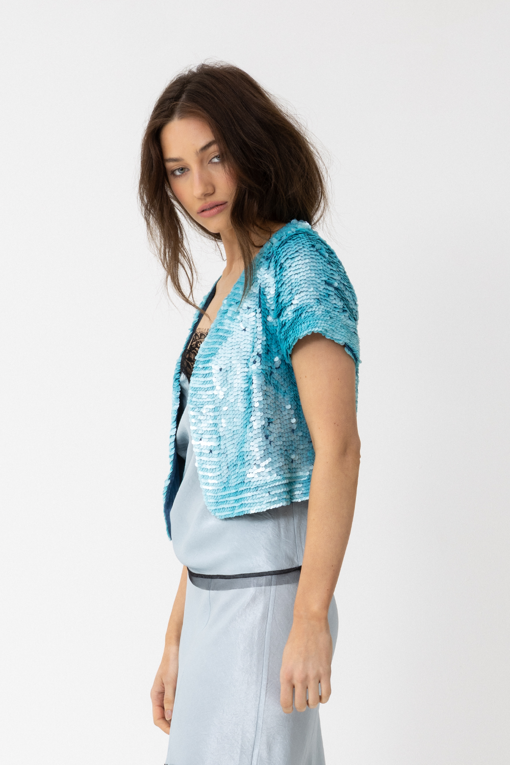 Fully Hand Sequinned Bolero style turquoise jacket. - Joey The Label