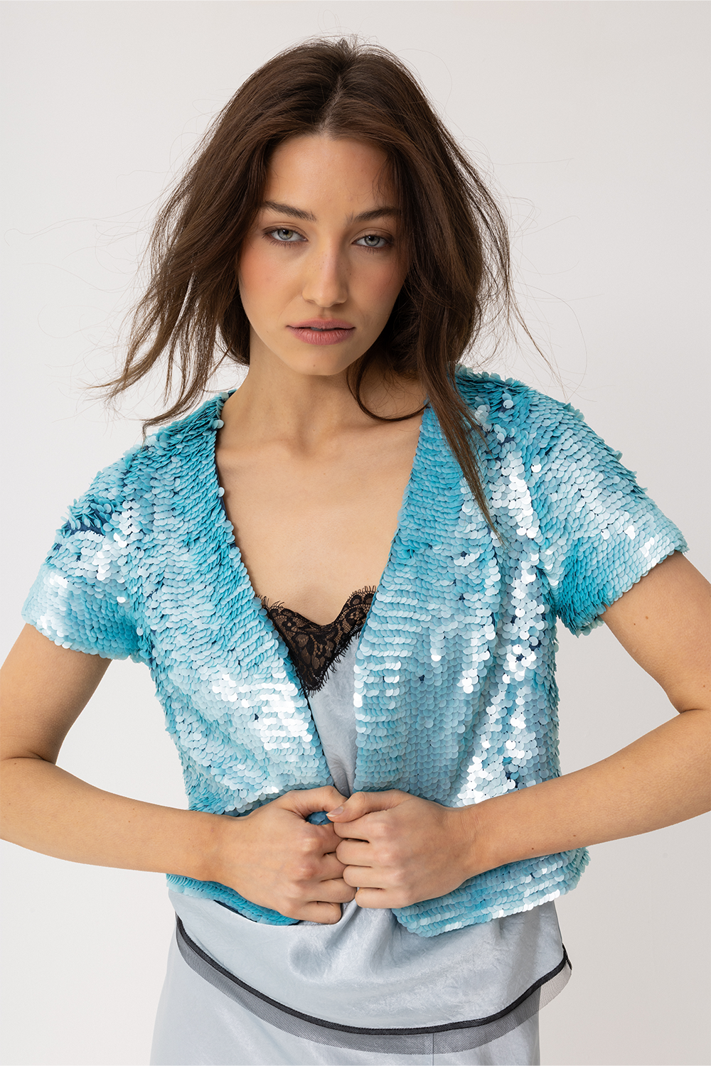 Fully Hand Sequinned Bolero style turquoise jacket. - Joey The Label