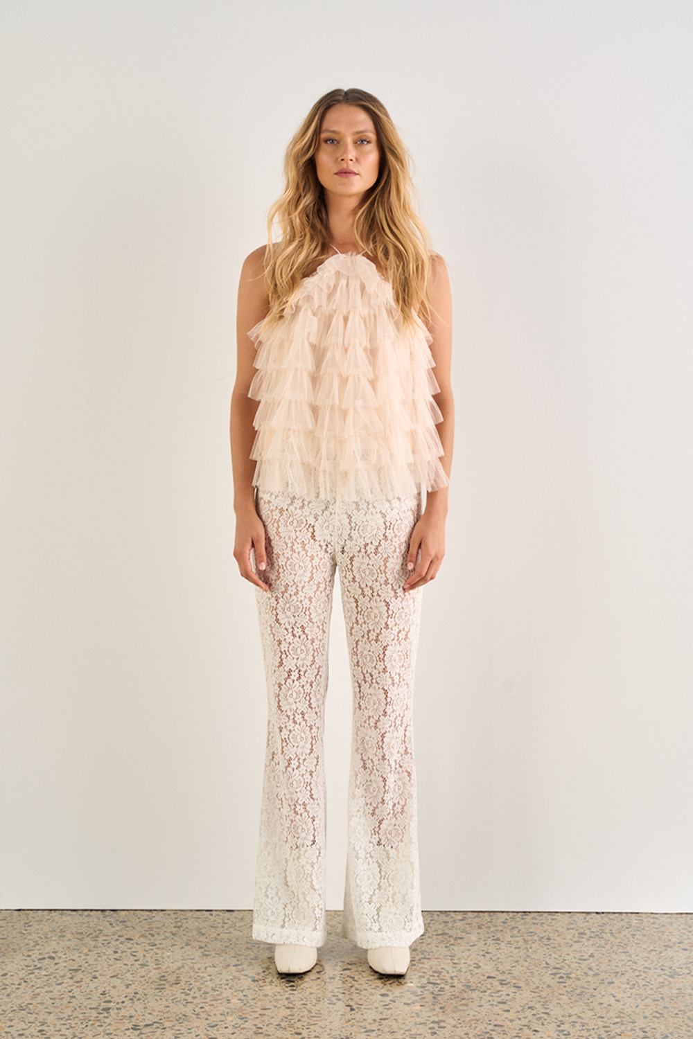 Sienna Lace Pant, White, Stretch Sheer Straight-Leg - JOEY the Label