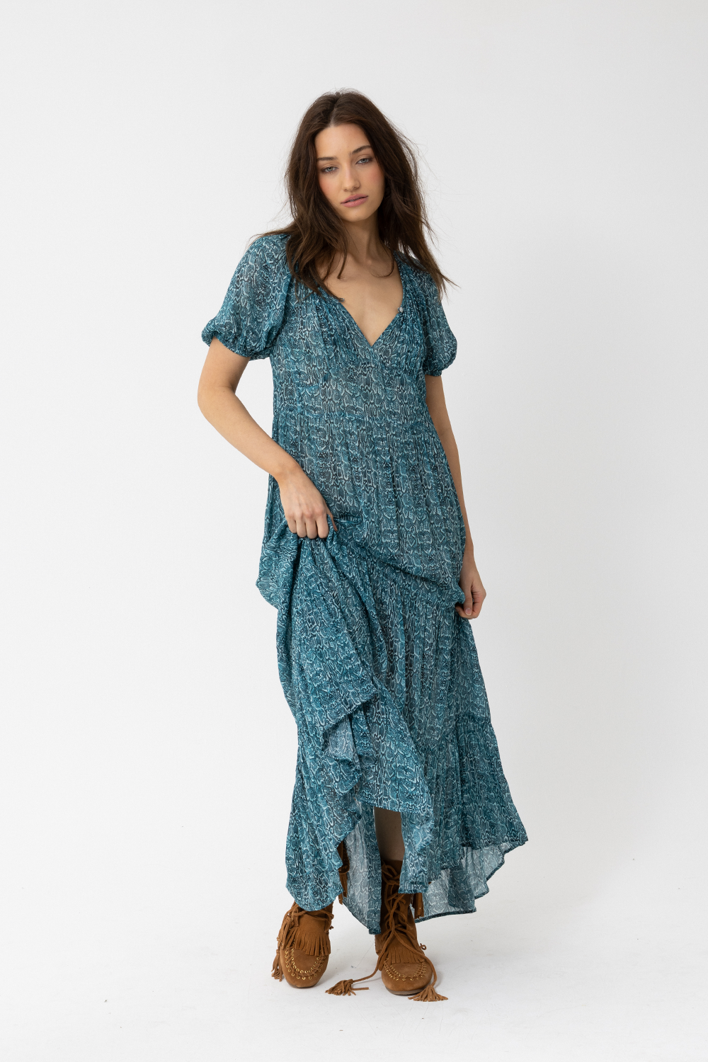 Dress with short puff sleeves, layered ruffles and a single button scoop neck. - Joey The Label