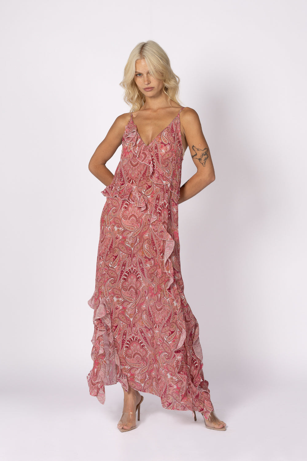 DAMASK PAISLEY RUFFLE SLIP DRESS - THE PINKS *FINAL SALE