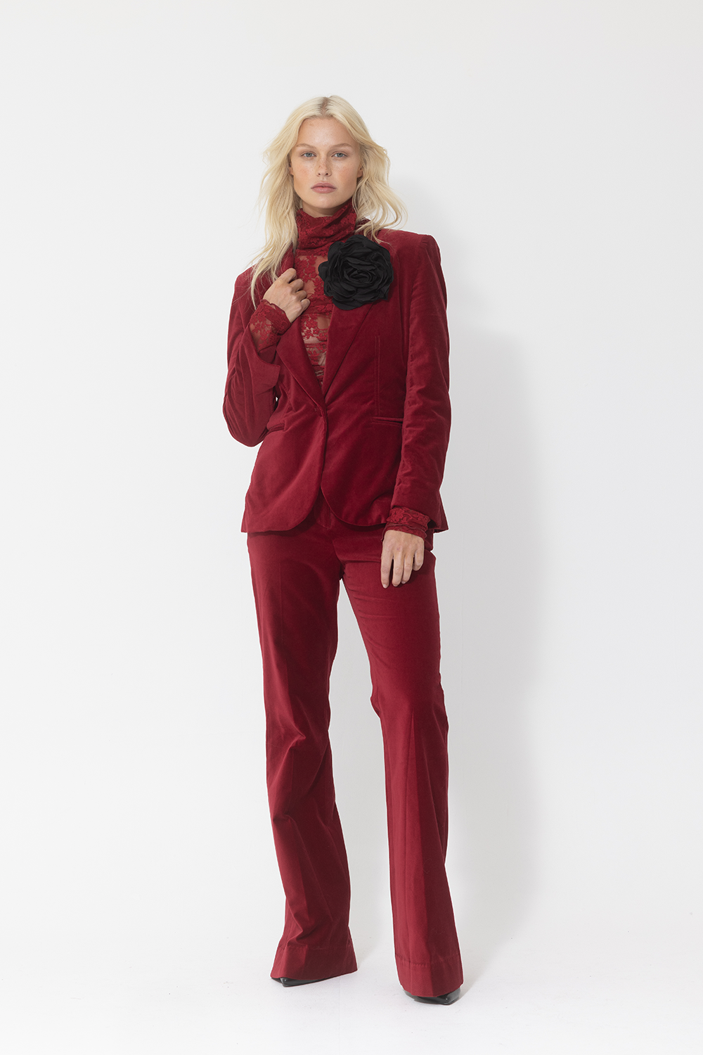 red velvet bootcut suit