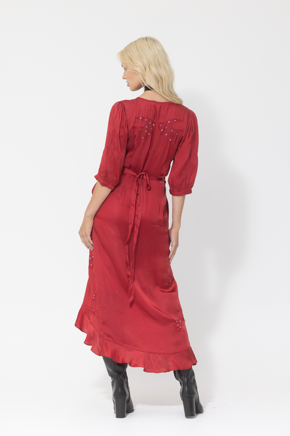 red silk midi wrap dress