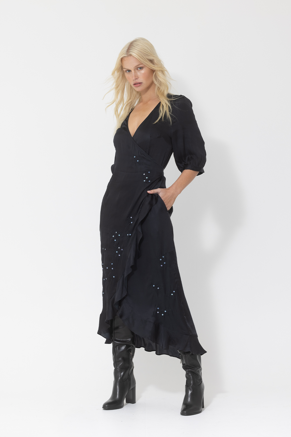 wrap ruffle midi dress black silk