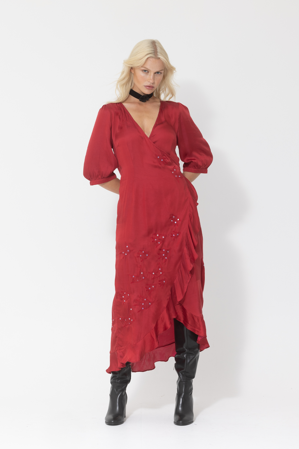 red silk midi sequin embroidery wrap dress