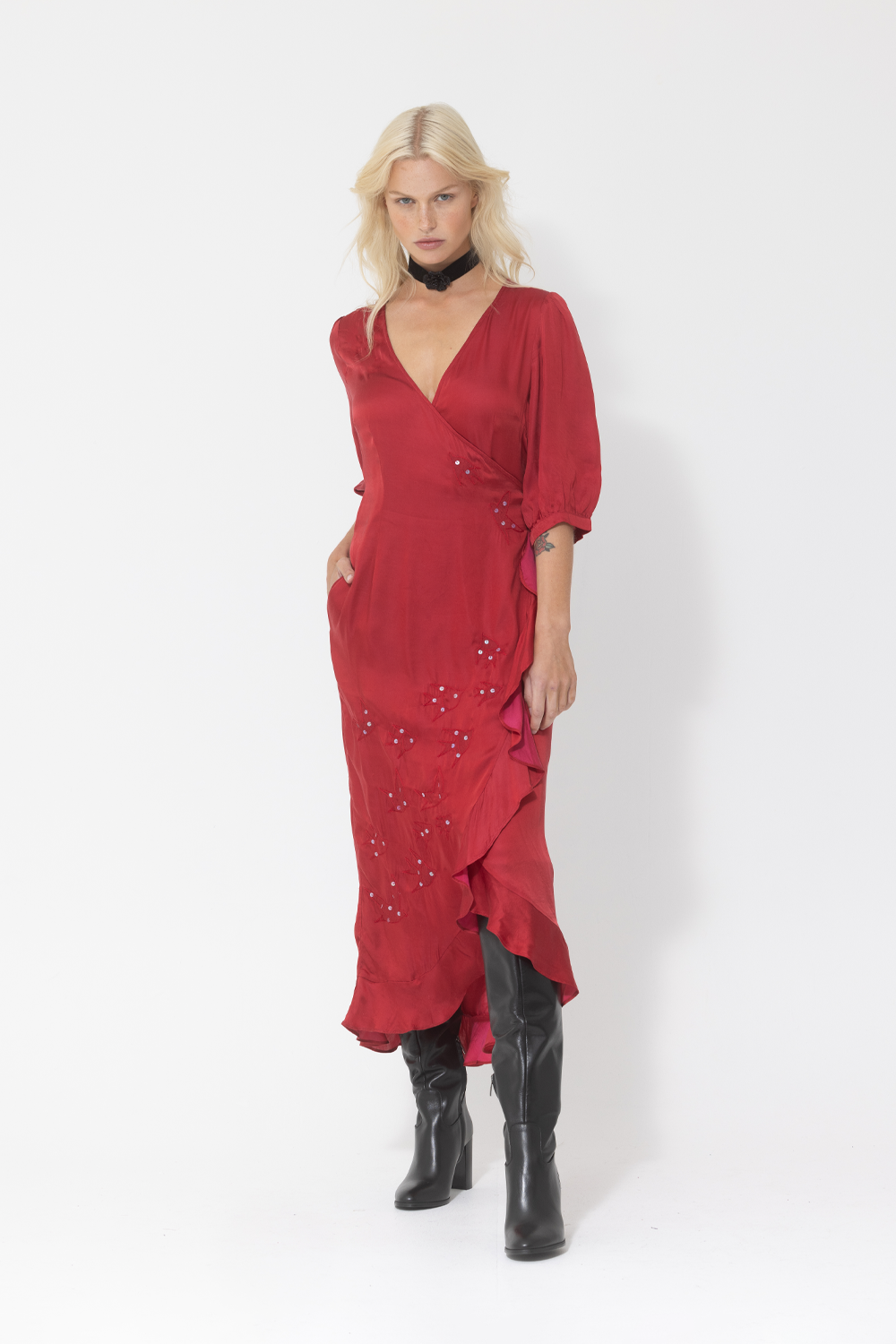 red silk sequin wrap midi dress