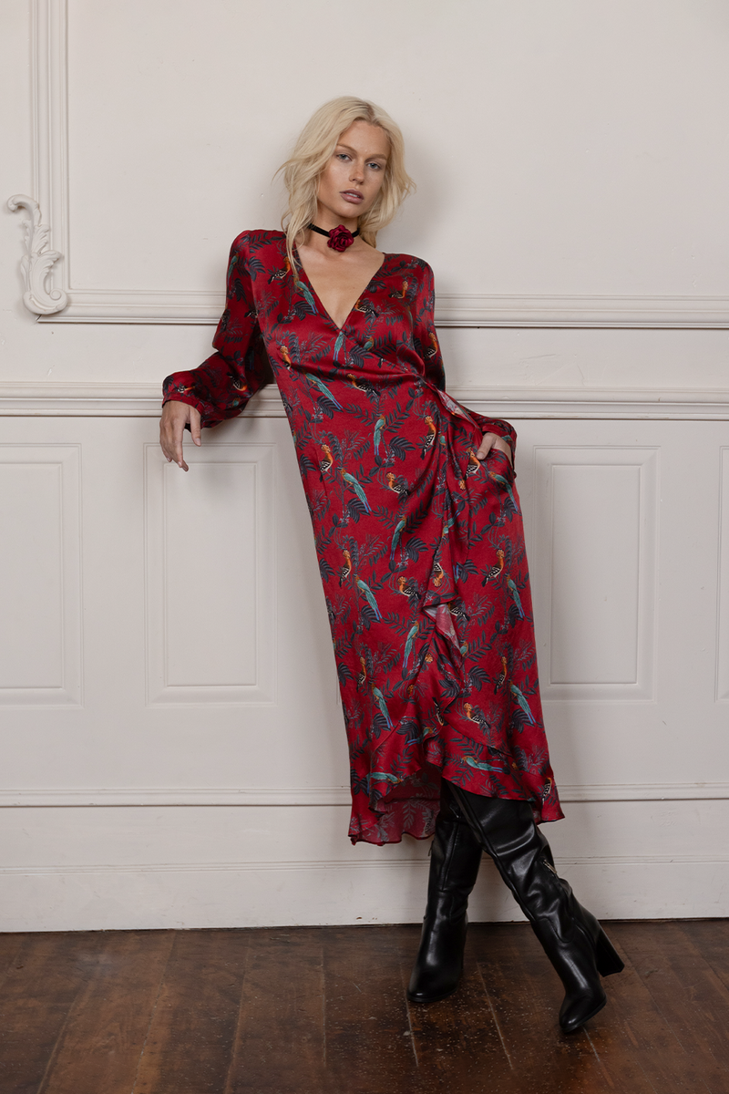 BIRDS OF PARADISE WRAP DRESS - RASPBERRY