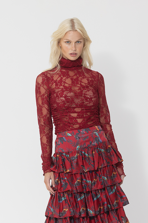 GEO FLORAL LACE RUCHED TOP - RASPBERRY
