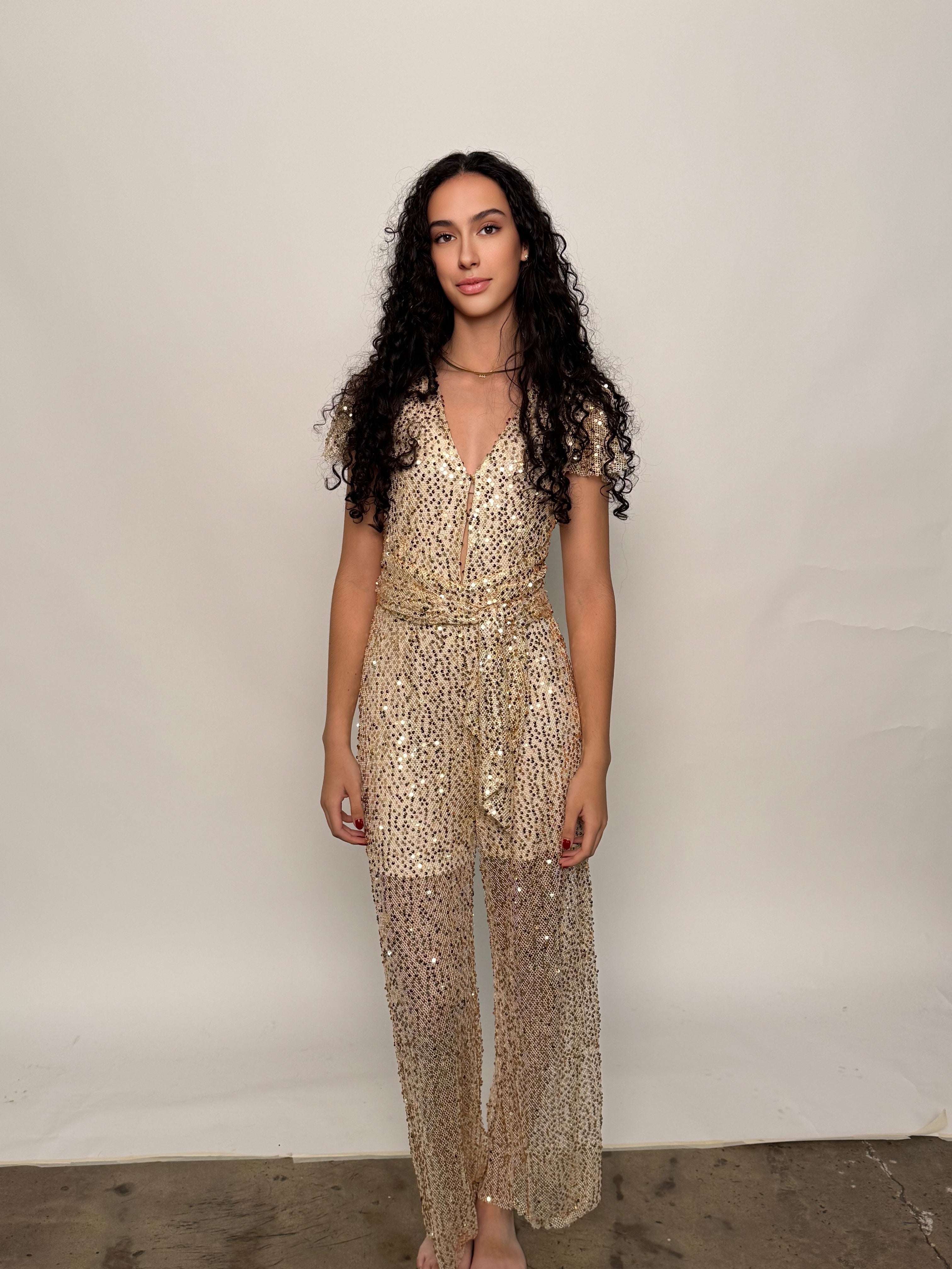 SAMPLE | SEQUINED JUMPSUIT, Champagne/Gold- SIZE 10 *FINAL SALE