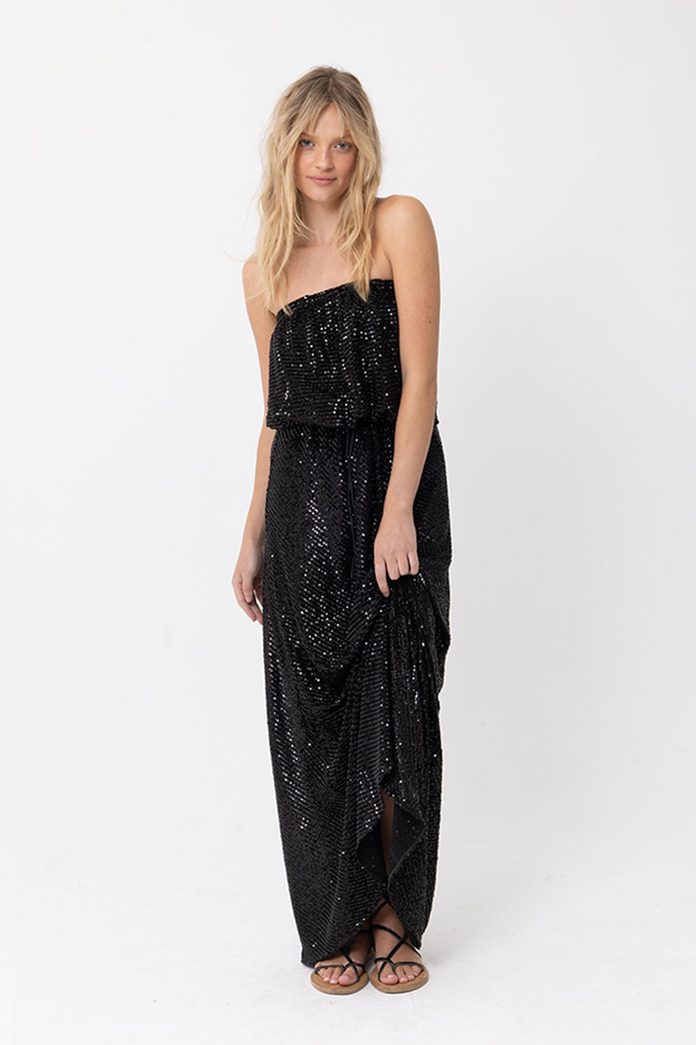 GODDESS SEQUIN STRAPLESS DRESS - BLACK