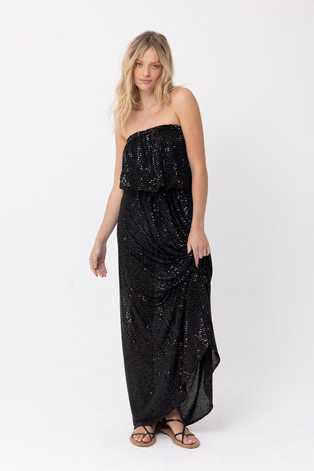 GODDESS SEQUIN STRAPLESS DRESS - BLACK