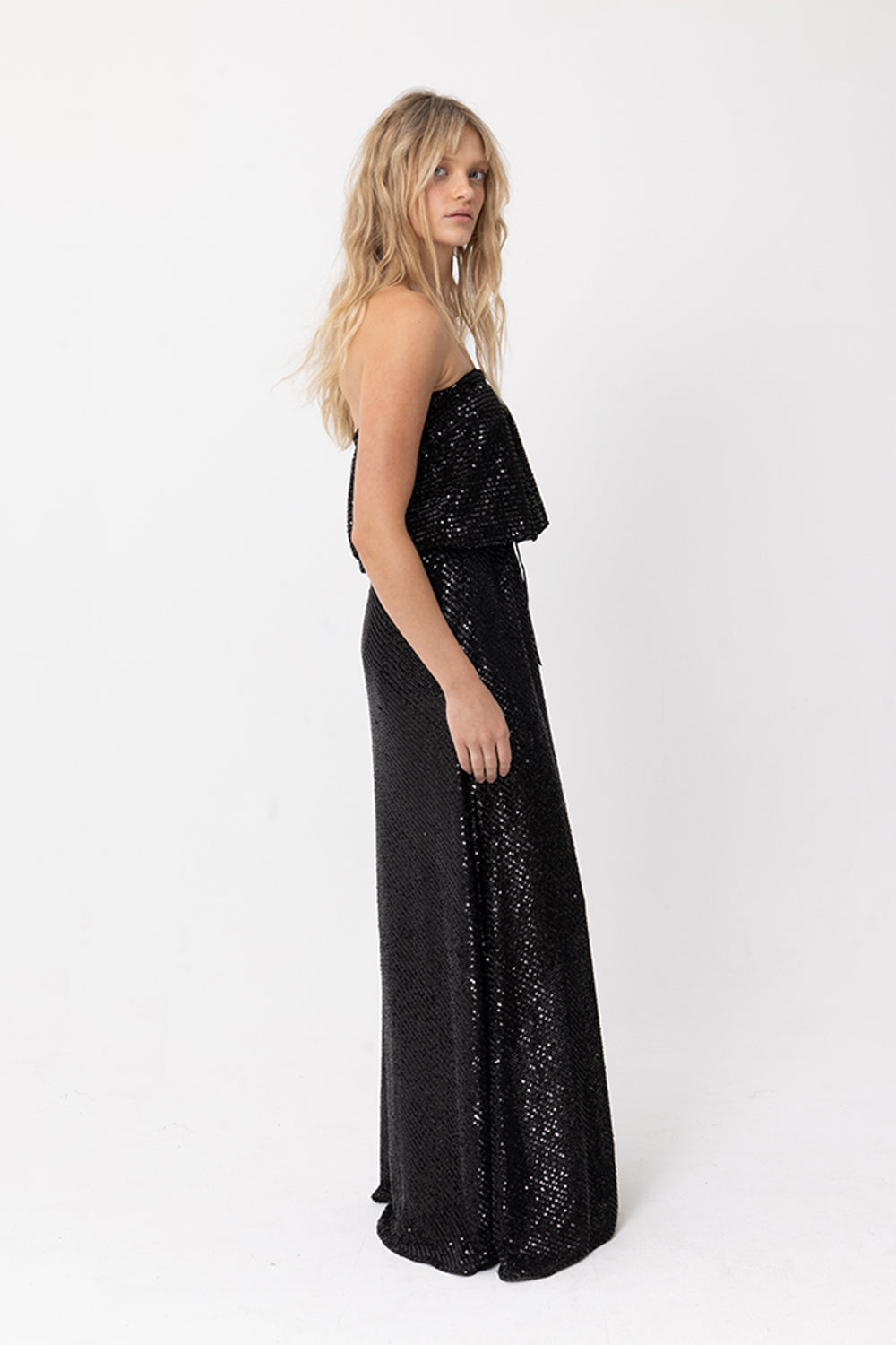 GODDESS SEQUIN STRAPLESS DRESS - BLACK