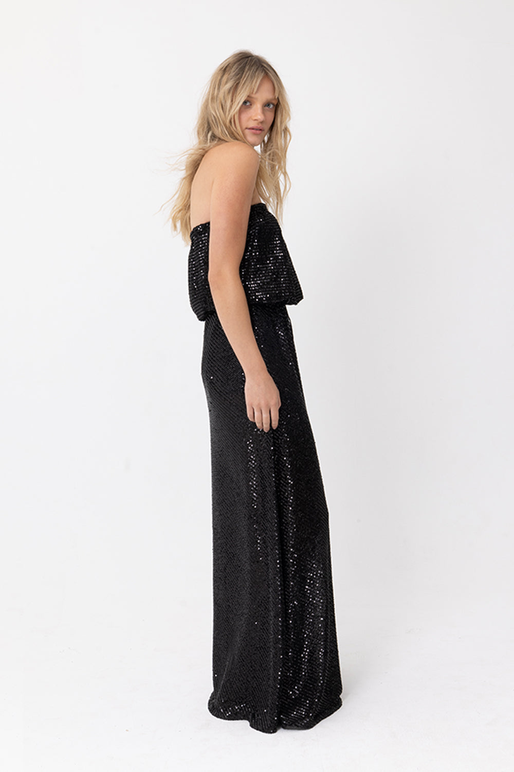 GODDESS SEQUIN STRAPLESS DRESS - BLACK