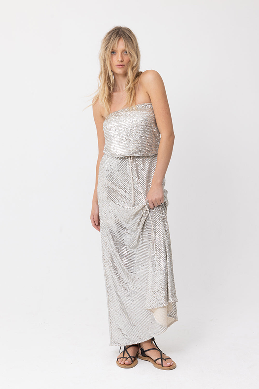 GODDESS SEQUIN STRAPLESS DRESS - SILVER