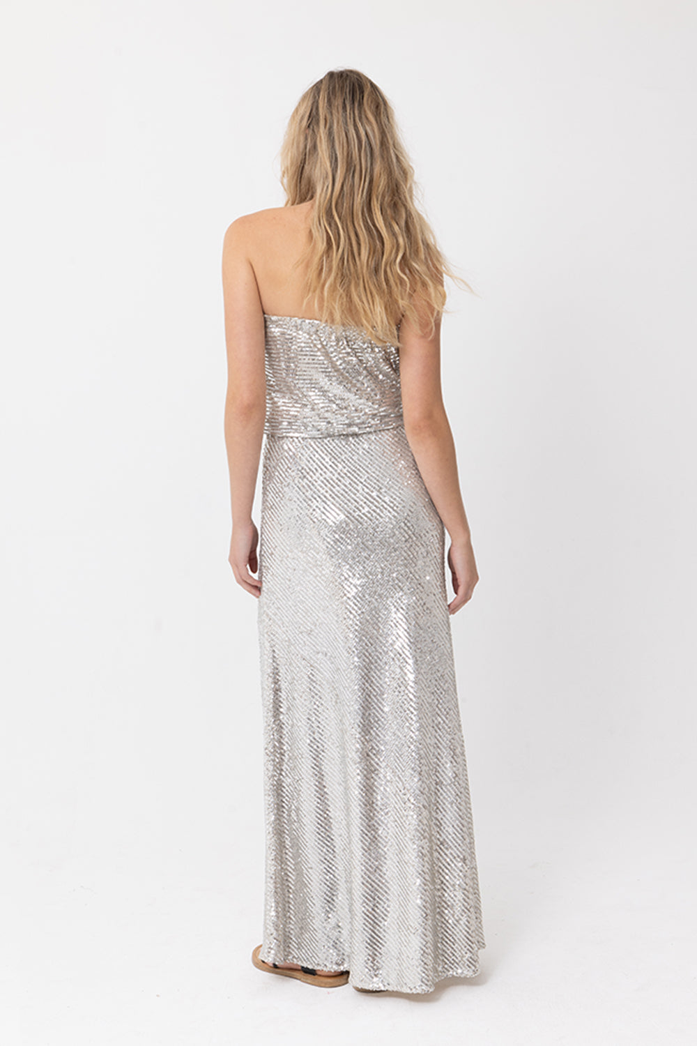 GODDESS SEQUIN STRAPLESS DRESS - SILVER