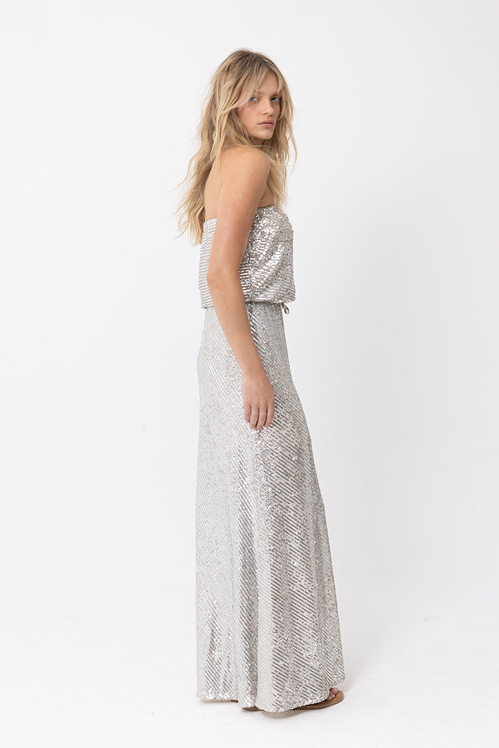 GODDESS SEQUIN STRAPLESS DRESS - SILVER