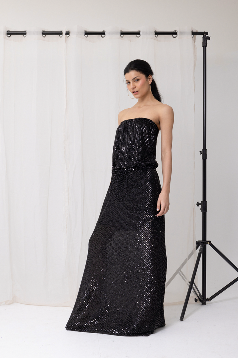 GODDESS SEQUIN STRAPLESS DRESS - BLACK